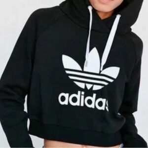 adidas Women’s Trefoil Black Hooded Logo Cropped Sweatshirt Hoodie Size Large